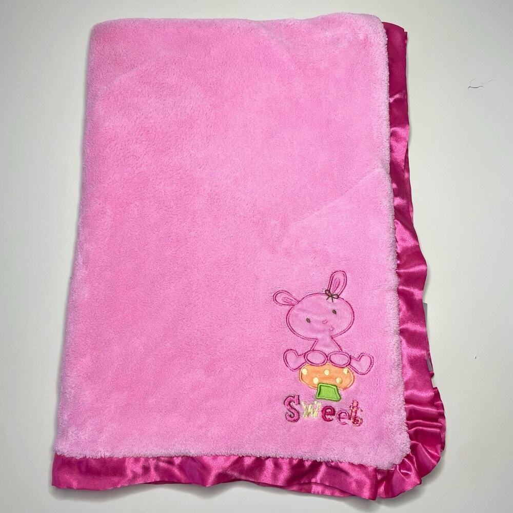 Little Wonders Sweet Pink Bunny Baby Security Blanket Mushroom Plush Satin Trim